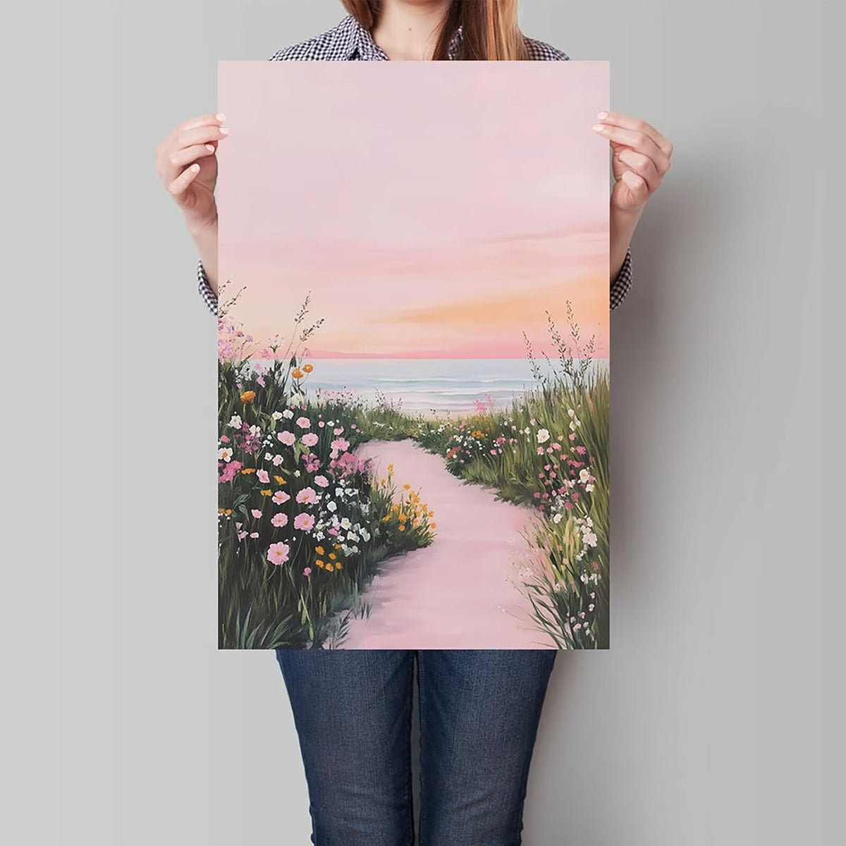 Pink Coastal Wildflower Wall Art Ocean Sunset Poster 12x16in Unframed