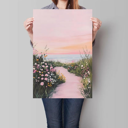 Pink Coastal Wildflower Wall Art Ocean Sunset Poster 12x16in Unframed