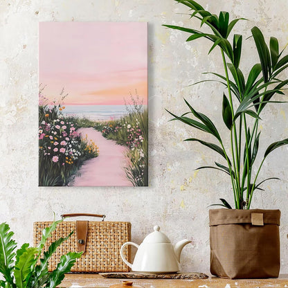 Pink Coastal Wildflower Wall Art Ocean Sunset Poster 12x16in Unframed