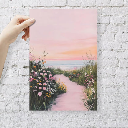 Pink Coastal Wildflower Wall Art Ocean Sunset Poster 12x16in Unframed