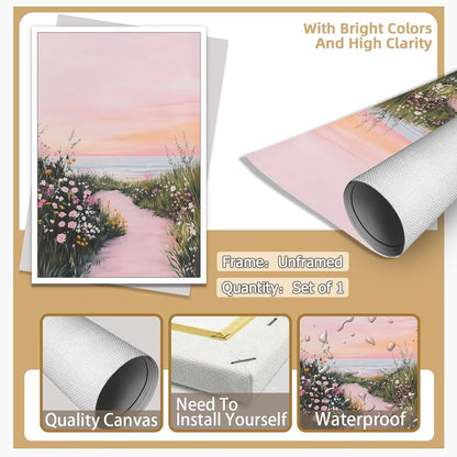 Pink Coastal Wildflower Wall Art Ocean Sunset Poster 12x16in Unframed