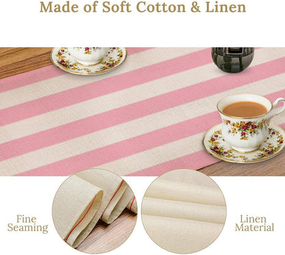Pink and White Striped Table Runner, Modern Stripes Pattern Elegant Cotton Canvas Kitchen Dinner Runner for Indoor Home Living Room Party Dining Table Decoration 13"x60"
