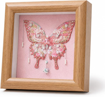 Butterfly Bead Embroidery Kit, Hand Embroidery Starter Kit for Beginners Adults with Wooden Frame, Beaded Embroidery Kits DIY Craft Sewing Supplies for Gift Home Decoration (Pink)