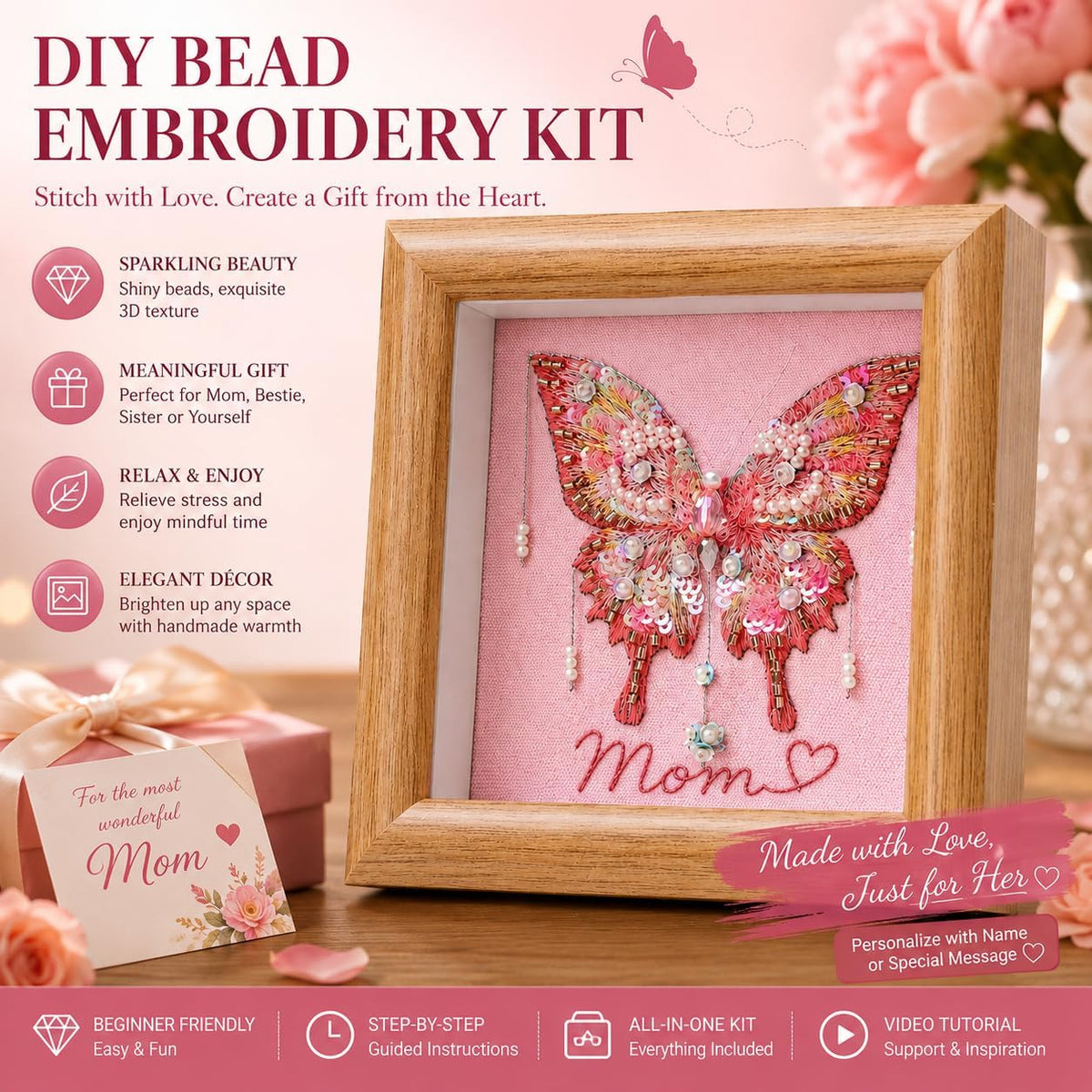 Butterfly Bead Embroidery Kit, Hand Embroidery Starter Kit for Beginners Adults with Wooden Frame, Beaded Embroidery Kits DIY Craft Sewing Supplies for Gift Home Decoration (Pink)