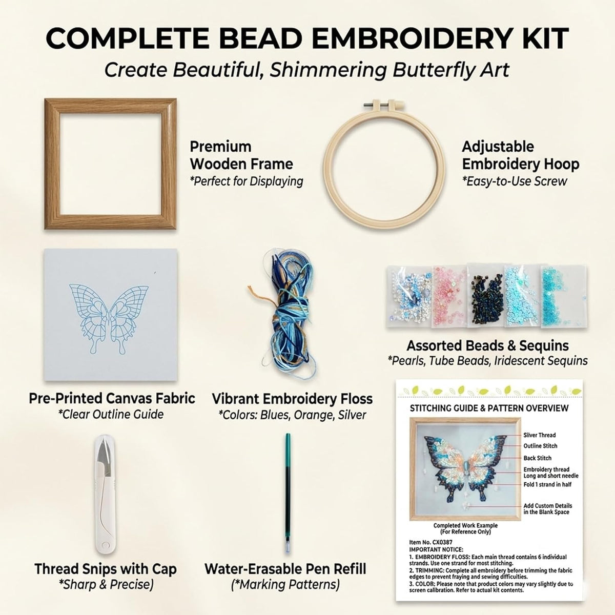Butterfly Bead Embroidery Kit, Hand Embroidery Starter Kit for Beginners Adults with Wooden Frame, Beaded Embroidery Kits DIY Craft Sewing Supplies for Gift Home Decoration (Pink)