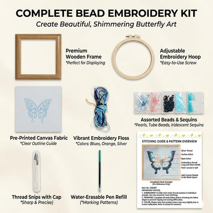 Butterfly Bead Embroidery Kit, Hand Embroidery Starter Kit for Beginners Adults with Wooden Frame, Beaded Embroidery Kits DIY Craft Sewing Supplies for Gift Home Decoration (Pink)