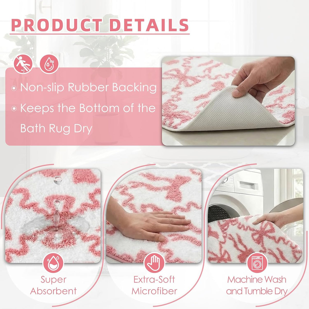 Bathroom Rug Set of 2, 16"x24"+20"x32", Bow Pink