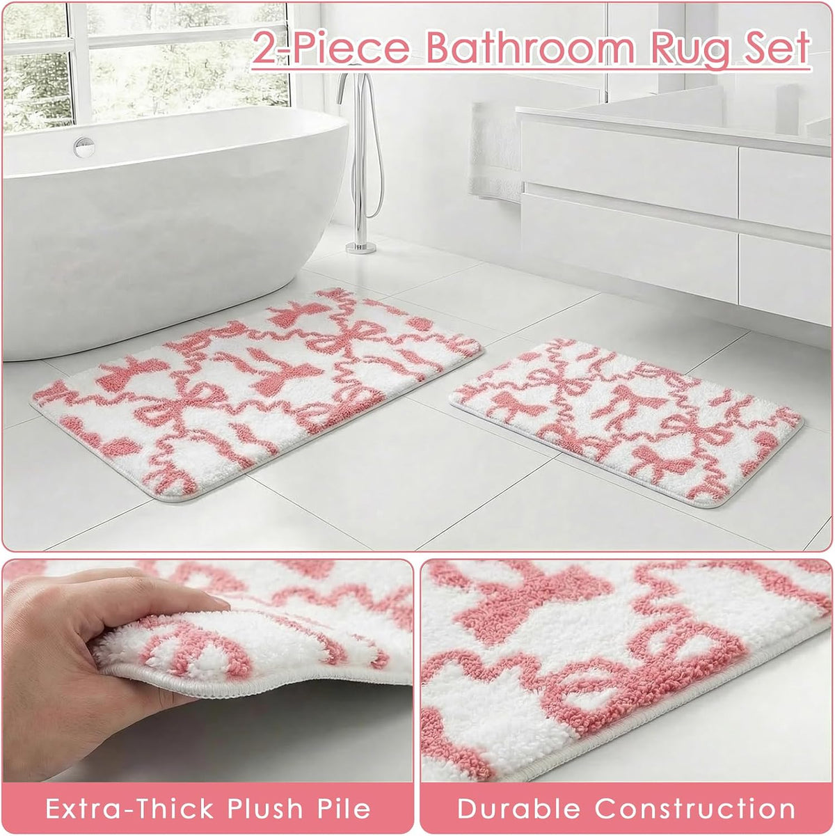 Bathroom Rug Set of 2, 16"x24"+20"x32", Bow Pink