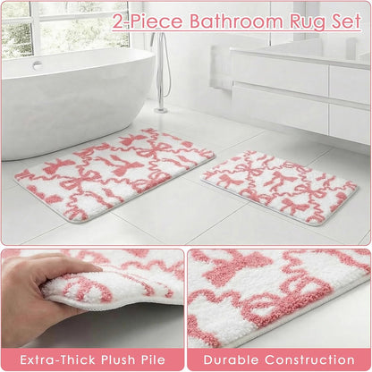 Bathroom Rug Set of 2, 16"x24"+20"x32", Bow Pink