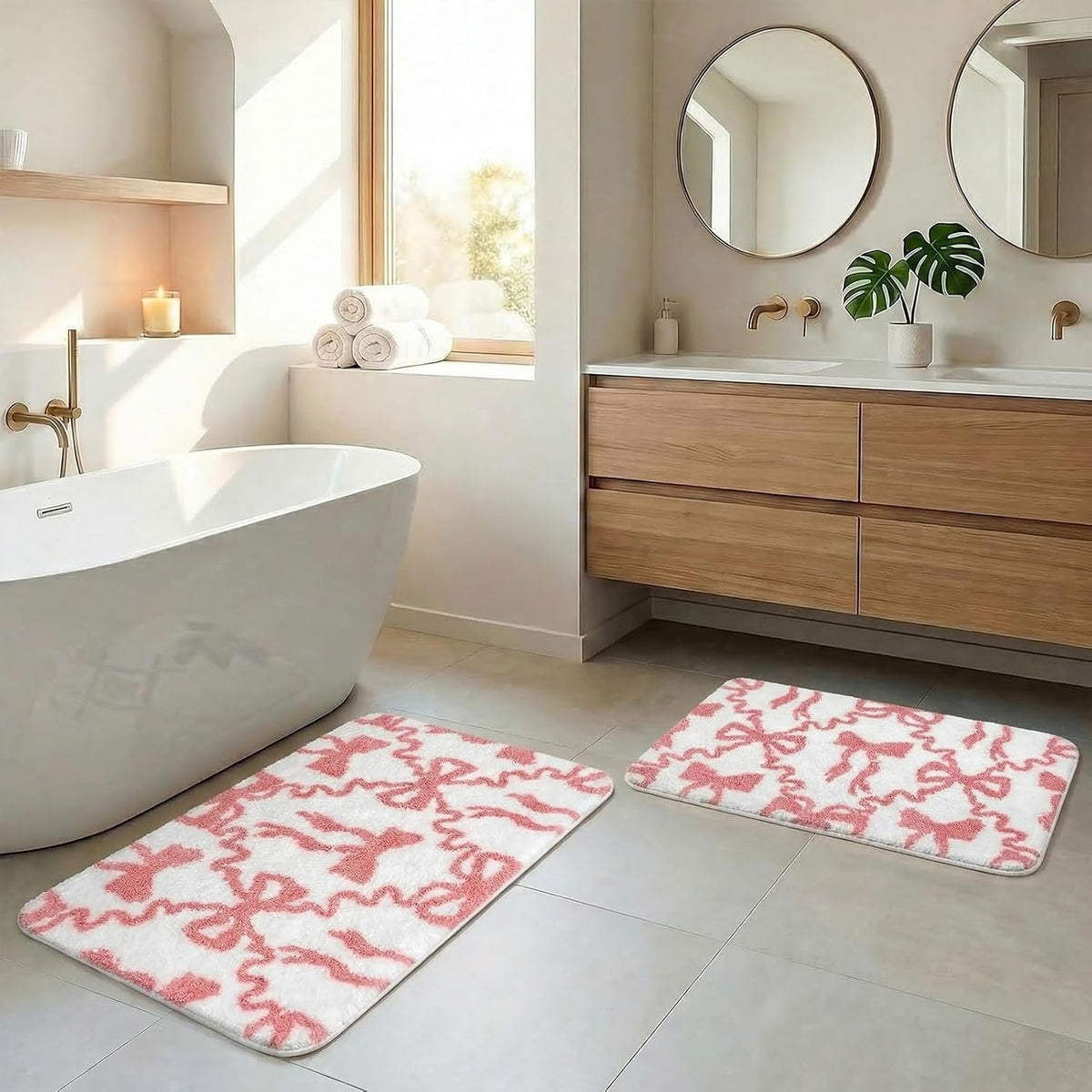 Bathroom Rug Set of 2, 16"x24"+20"x32", Bow Pink