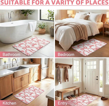 Bathroom Rug Set of 2, 16"x24"+20"x32", Bow Pink