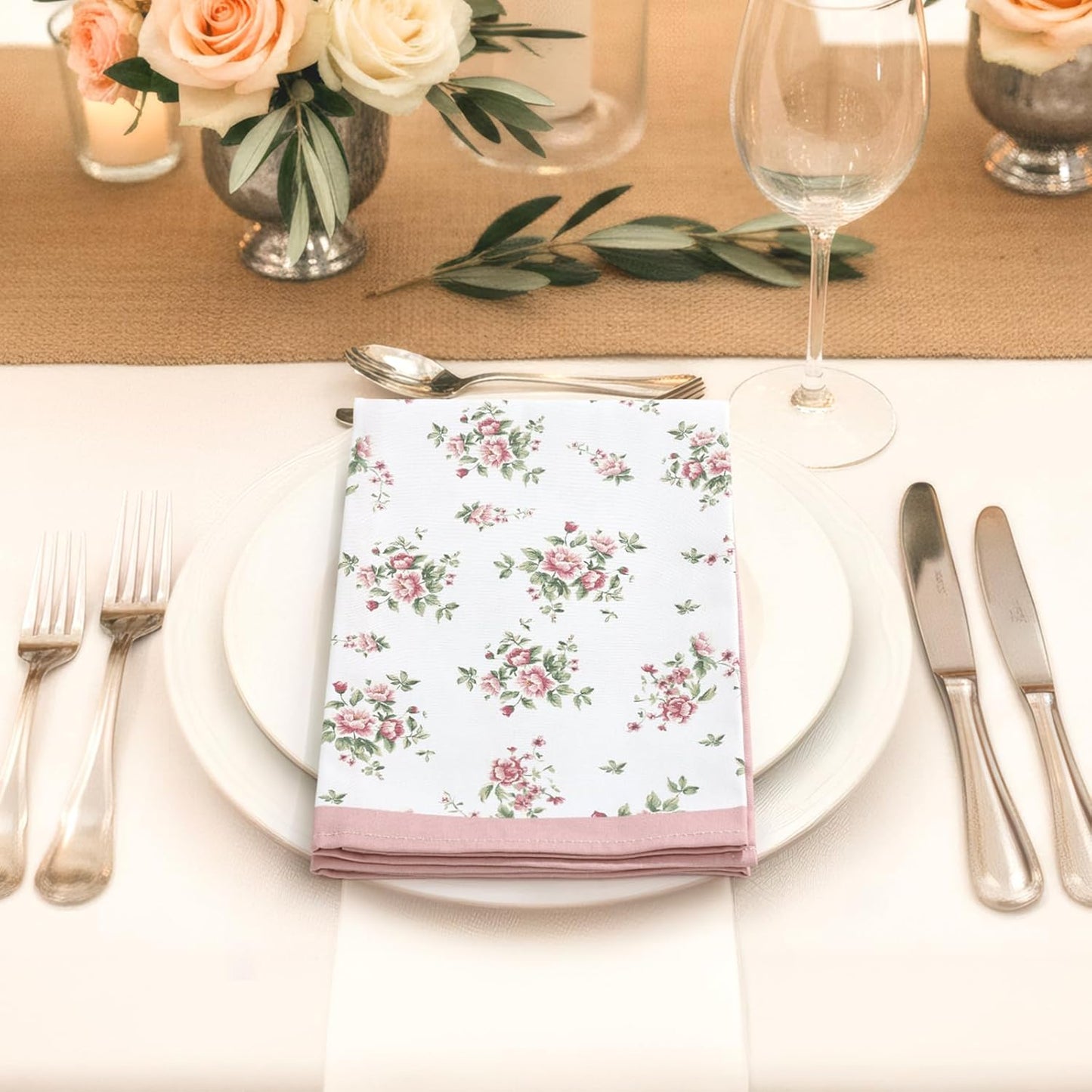 Pink Floral Rose Print Cloth Napkins 100% Cotton, 18" X 18" Dinner Napkins Cloth Set, Washable Napkins for Home, Kitchen, Dinner, Party, Wedding, Cocktail, Set of 4