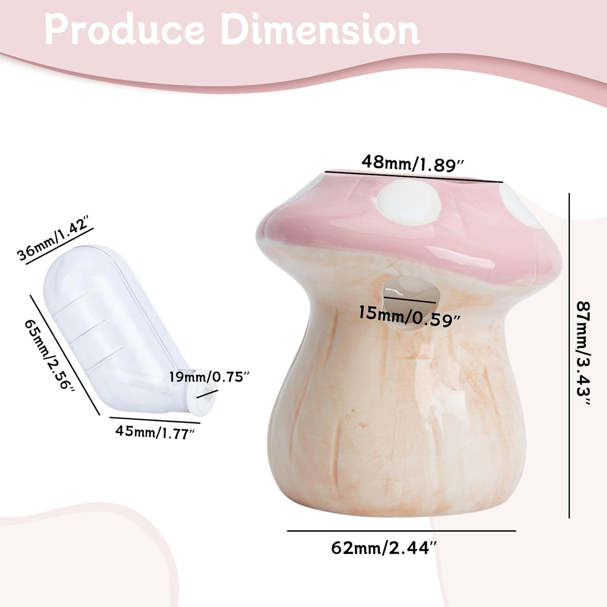 60ml Hamster Water Bottle Pet Drinking Dispenser with Mushroom Ceramic Stand for Hamsters, Guinea Pigs & Small Animals - Leak-Proof Ceramic Water Bottle for Cage Use (Pink)