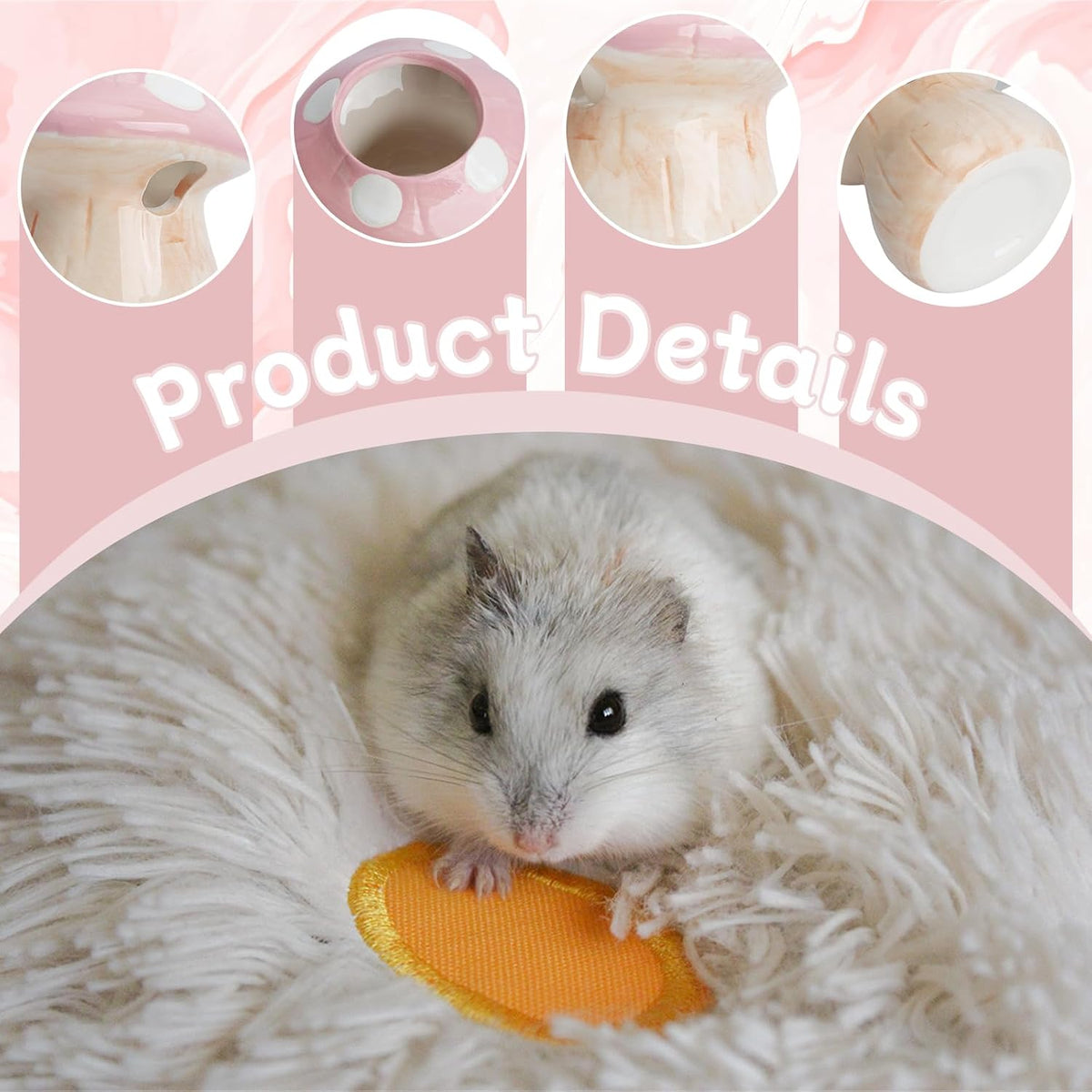 60ml Hamster Water Bottle Pet Drinking Dispenser with Mushroom Ceramic Stand for Hamsters, Guinea Pigs & Small Animals - Leak-Proof Ceramic Water Bottle for Cage Use (Pink)