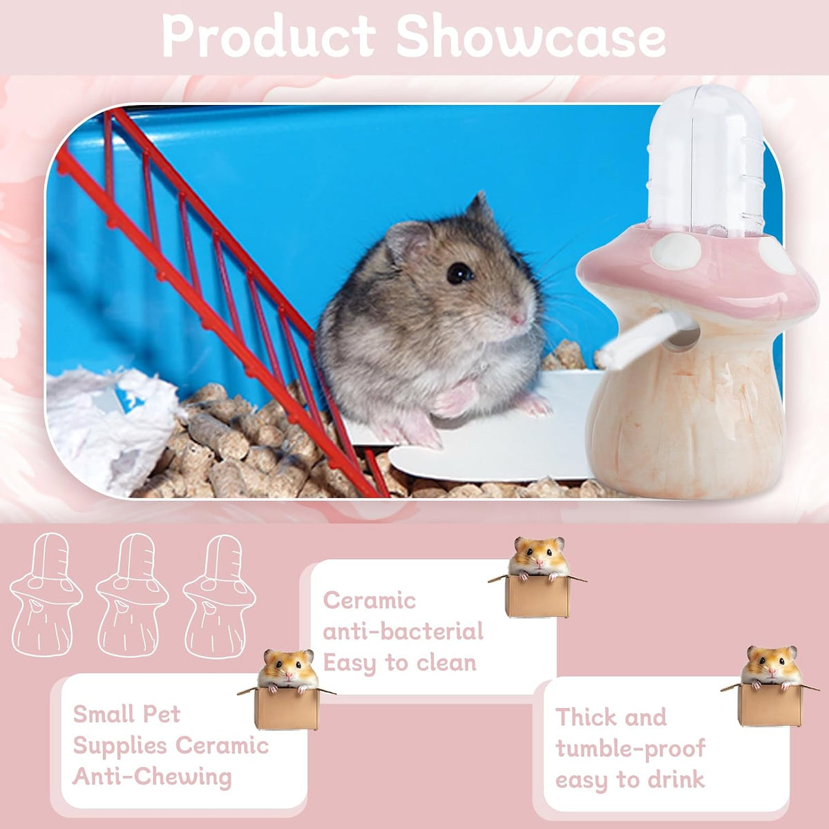60ml Hamster Water Bottle Pet Drinking Dispenser with Mushroom Ceramic Stand for Hamsters, Guinea Pigs & Small Animals - Leak-Proof Ceramic Water Bottle for Cage Use (Pink)