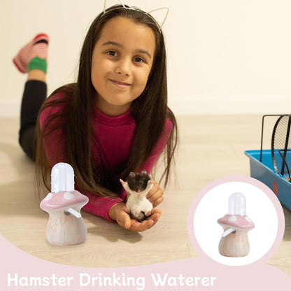 60ml Hamster Water Bottle Pet Drinking Dispenser with Mushroom Ceramic Stand for Hamsters, Guinea Pigs & Small Animals - Leak-Proof Ceramic Water Bottle for Cage Use (Pink)