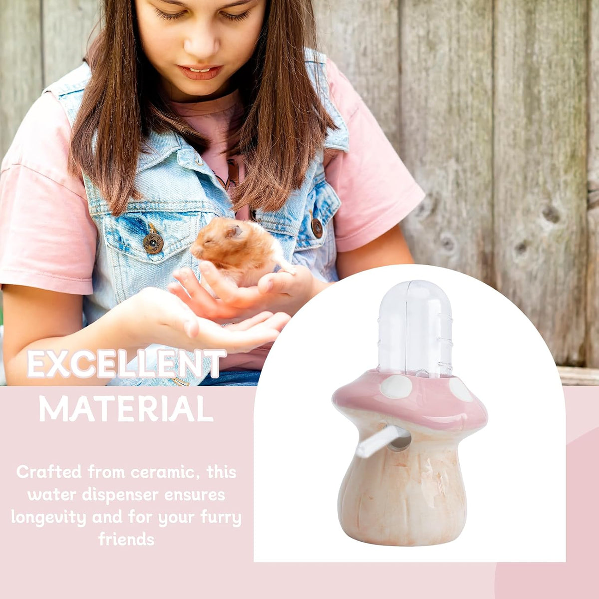 60ml Hamster Water Bottle Pet Drinking Dispenser with Mushroom Ceramic Stand for Hamsters, Guinea Pigs & Small Animals - Leak-Proof Ceramic Water Bottle for Cage Use (Pink)