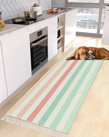 Peach Pink Green Ombre Hallway Runner Rug 2x5ft,Farmhouse Stripe Modern Washable Woven Living Room Bedroom Kitchen Bathroom Carpet with Tassels,Non-Shedding Indoor Outdoor Throw Door Mat for Entryway