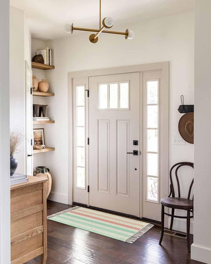 Peach Pink Green Ombre Hallway Runner Rug 2x5ft,Farmhouse Stripe Modern Washable Woven Living Room Bedroom Kitchen Bathroom Carpet with Tassels,Non-Shedding Indoor Outdoor Throw Door Mat for Entryway