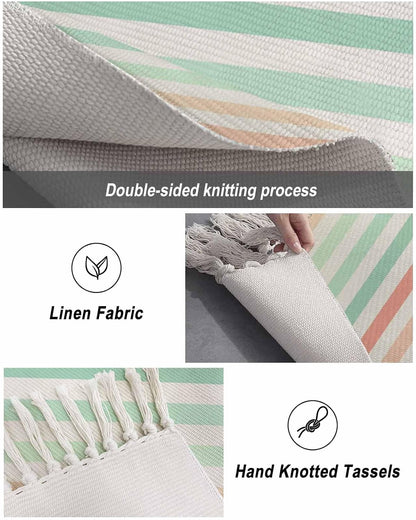 Peach Pink Green Ombre Hallway Runner Rug 2x5ft,Farmhouse Stripe Modern Washable Woven Living Room Bedroom Kitchen Bathroom Carpet with Tassels,Non-Shedding Indoor Outdoor Throw Door Mat for Entryway