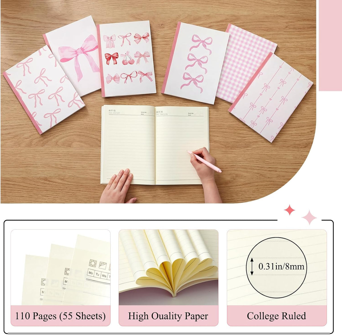 6 Pack Composition Notebook Bundle College Ruled Bulk Pink Bow Composition Notebook Preppy Aesthetic for Back to School Supplies 110 Pages 7-1/2" x 10" Cute Journal for First Day of School Office