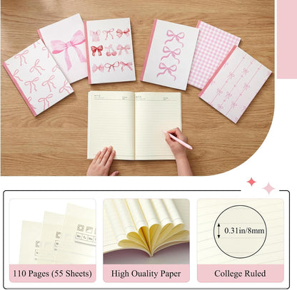 6 Pack Composition Notebook Bundle College Ruled Bulk Pink Bow Composition Notebook Preppy Aesthetic for Back to School Supplies 110 Pages 7-1/2" x 10" Cute Journal for First Day of School Office