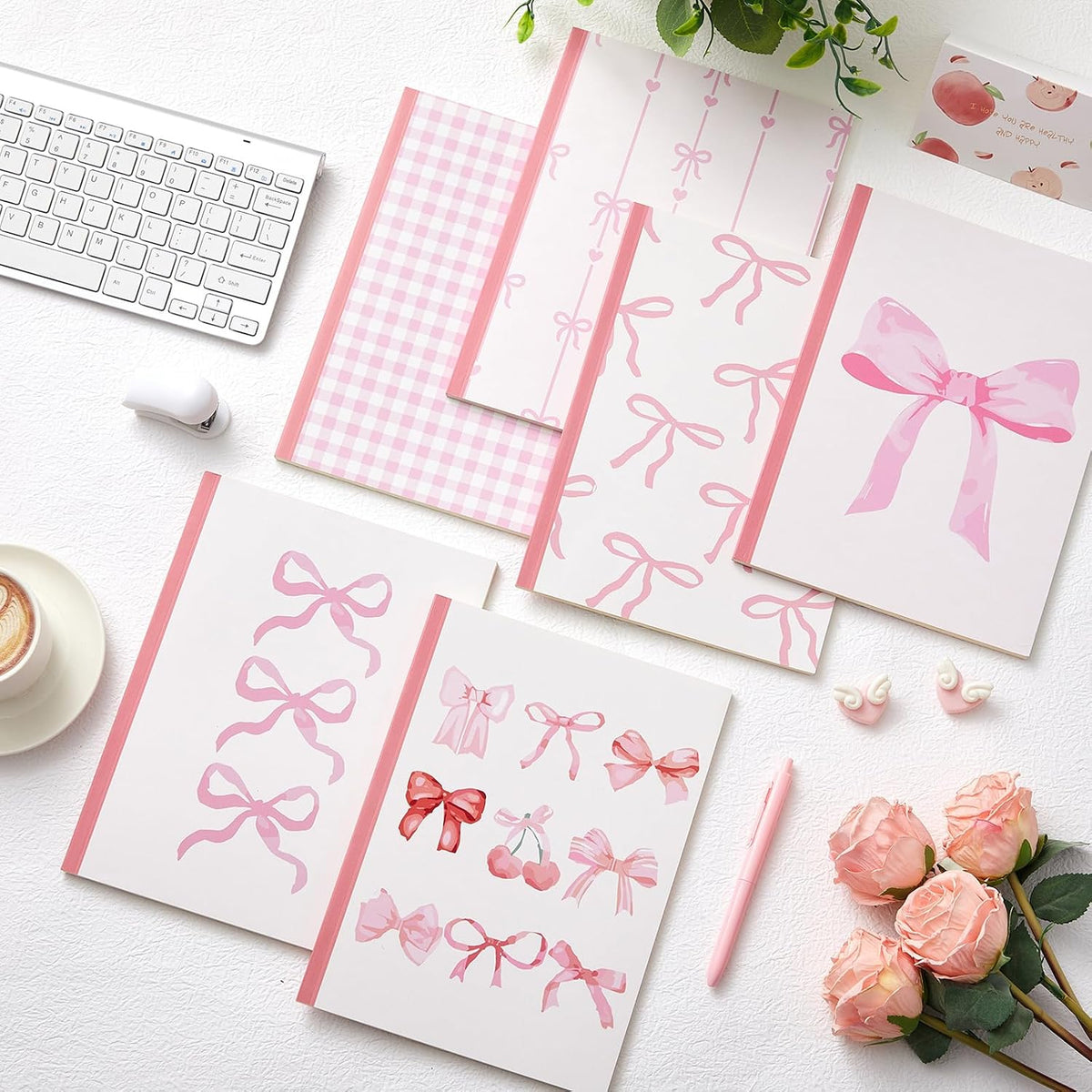 6 Pack Composition Notebook Bundle College Ruled Bulk Pink Bow Composition Notebook Preppy Aesthetic for Back to School Supplies 110 Pages 7-1/2" x 10" Cute Journal for First Day of School Office