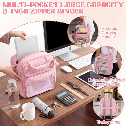 Large Zipper Binder 3 Ring with Window, Pink