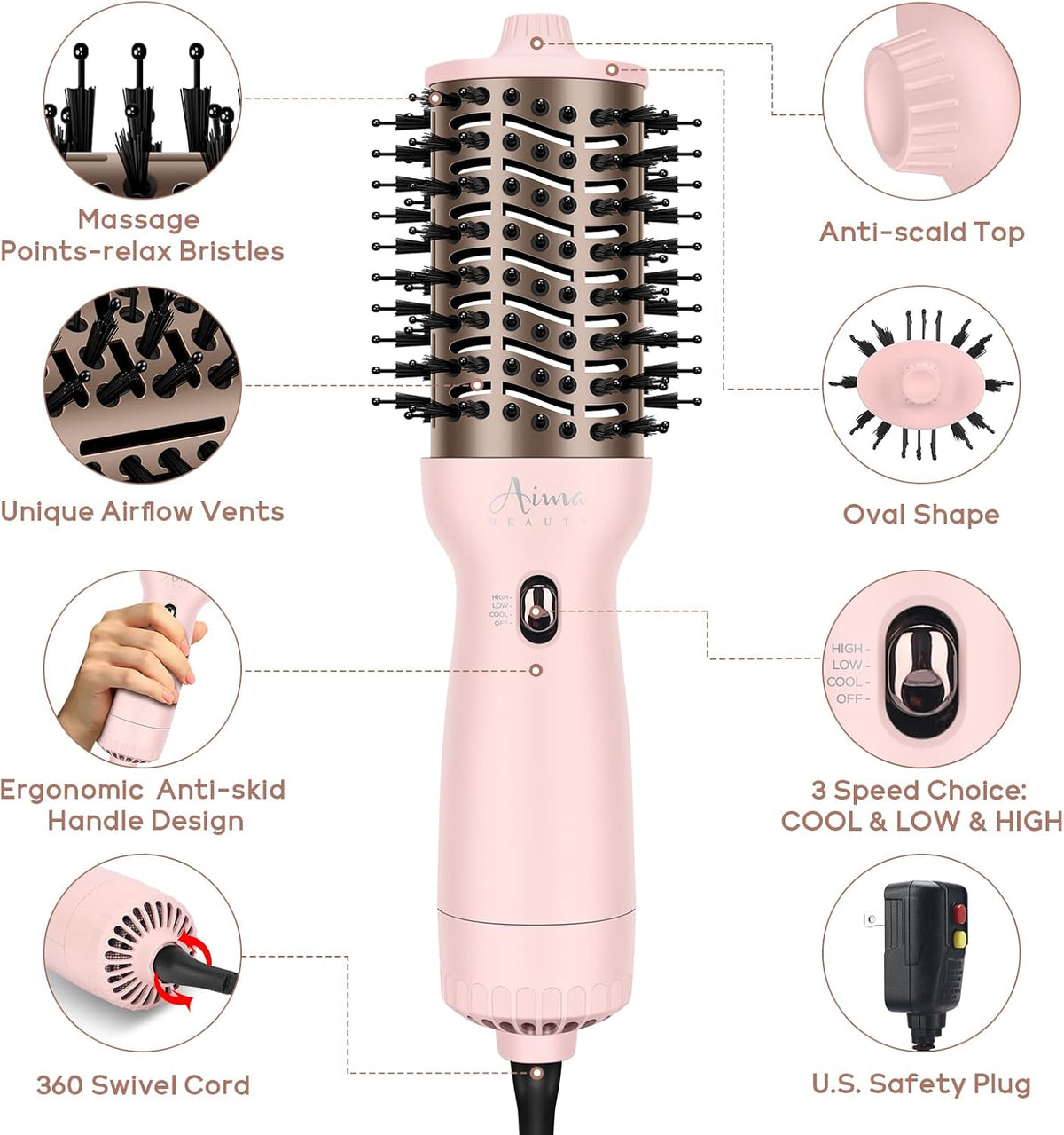 Hair Dryer Brush Auto Dual Voltage Blow Dryer Brush Cool Shot