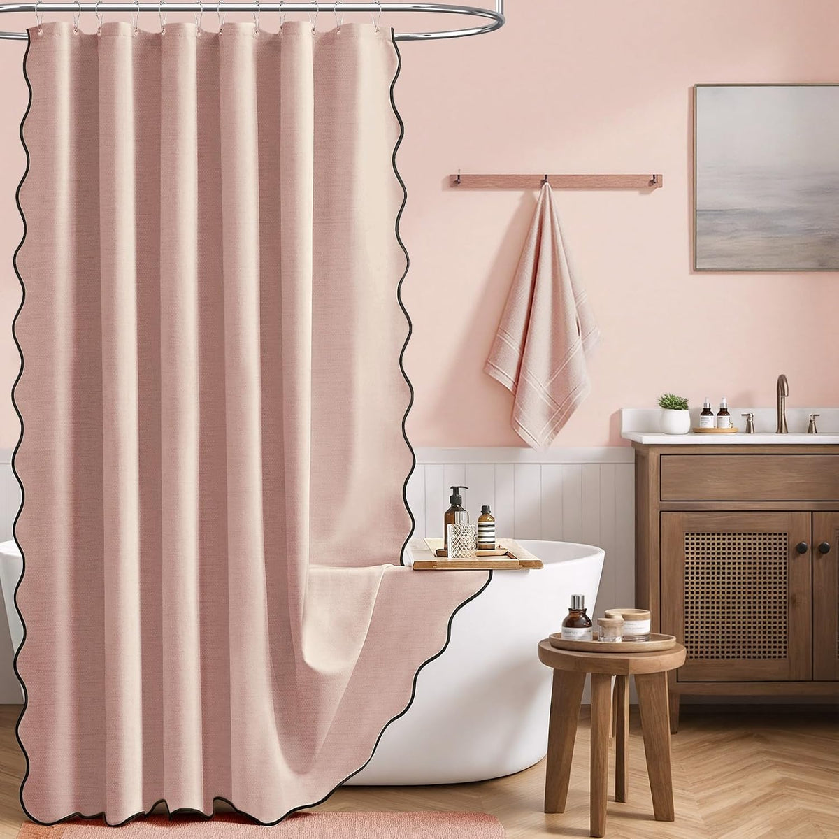 BTTN 72x80 Boho Scalloped Linen Textured Cloth , Blush Pink