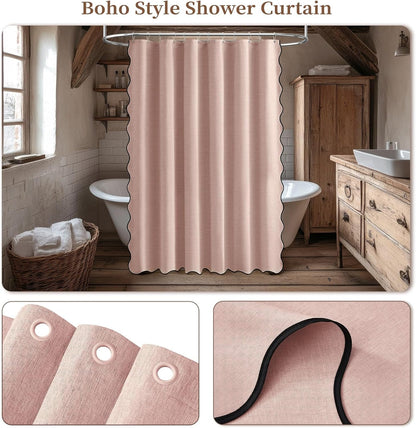 BTTN 72x80 Boho Scalloped Linen Textured Cloth , Blush Pink
