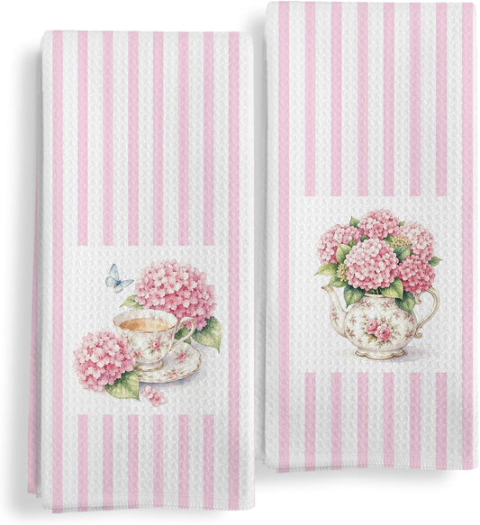 Pink Hydrangea Floral Teacup Kitchen Hand Towels Set of 2 Dish Towels | French Country Cottagecore Flower Teacup Pink Striped Decorative Hand Tea Towels for Kitchen Dining Room Decor 16X24In