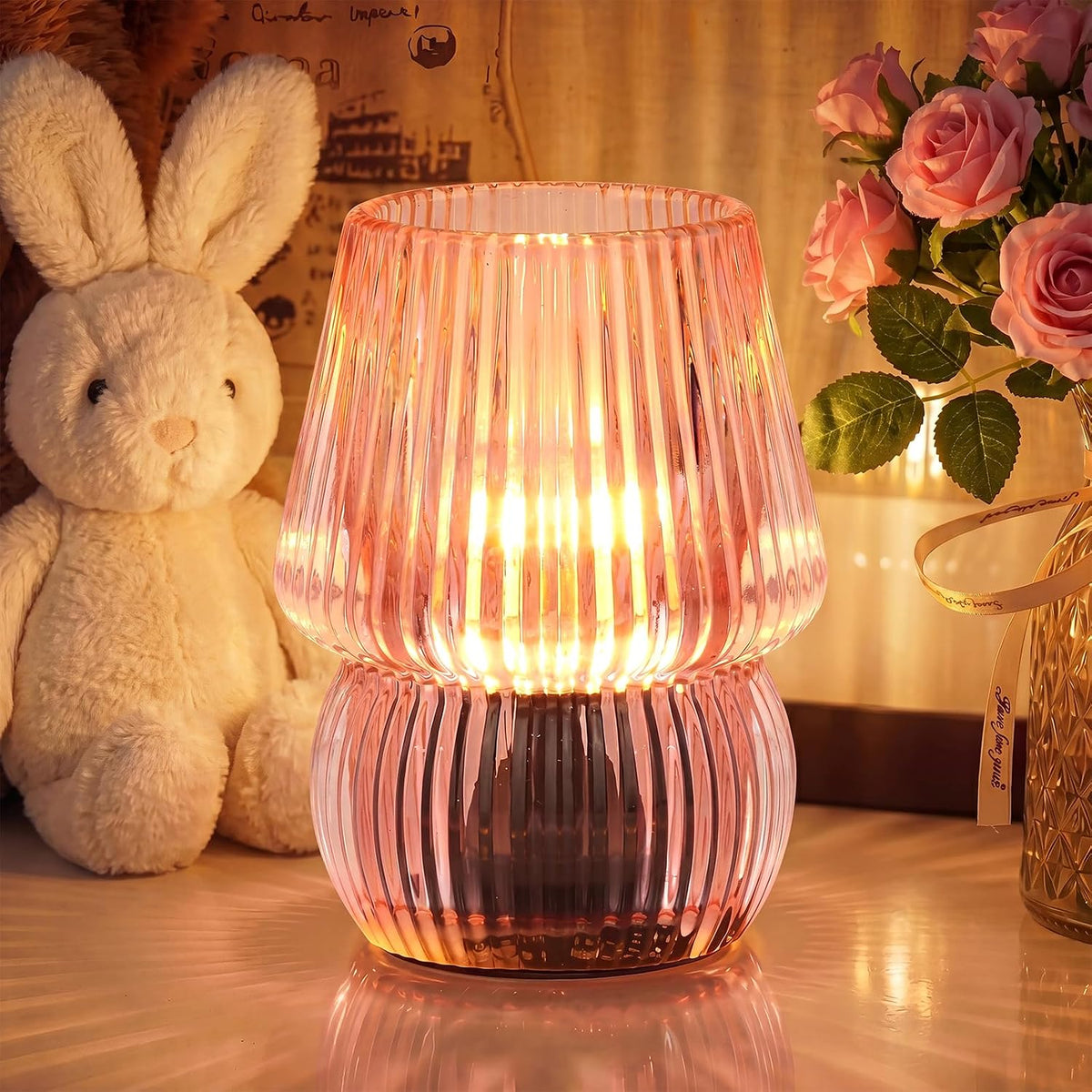 Small Battery Operated Lamp with Timer, Mushroom, Pink