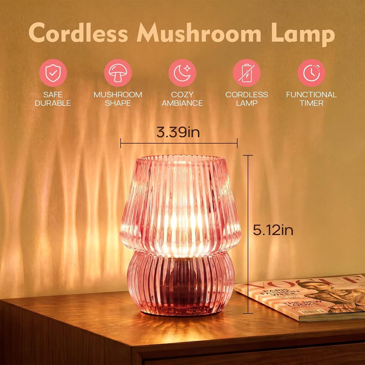 Small Battery Operated Lamp with Timer, Mushroom, Pink