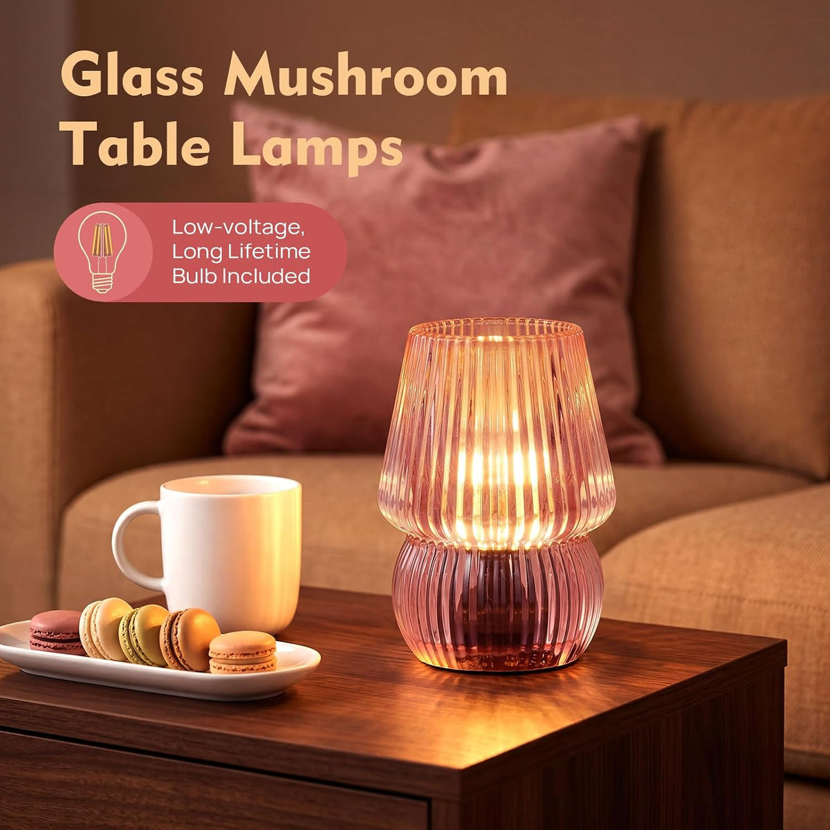 Small Battery Operated Lamp with Timer, Mushroom, Pink