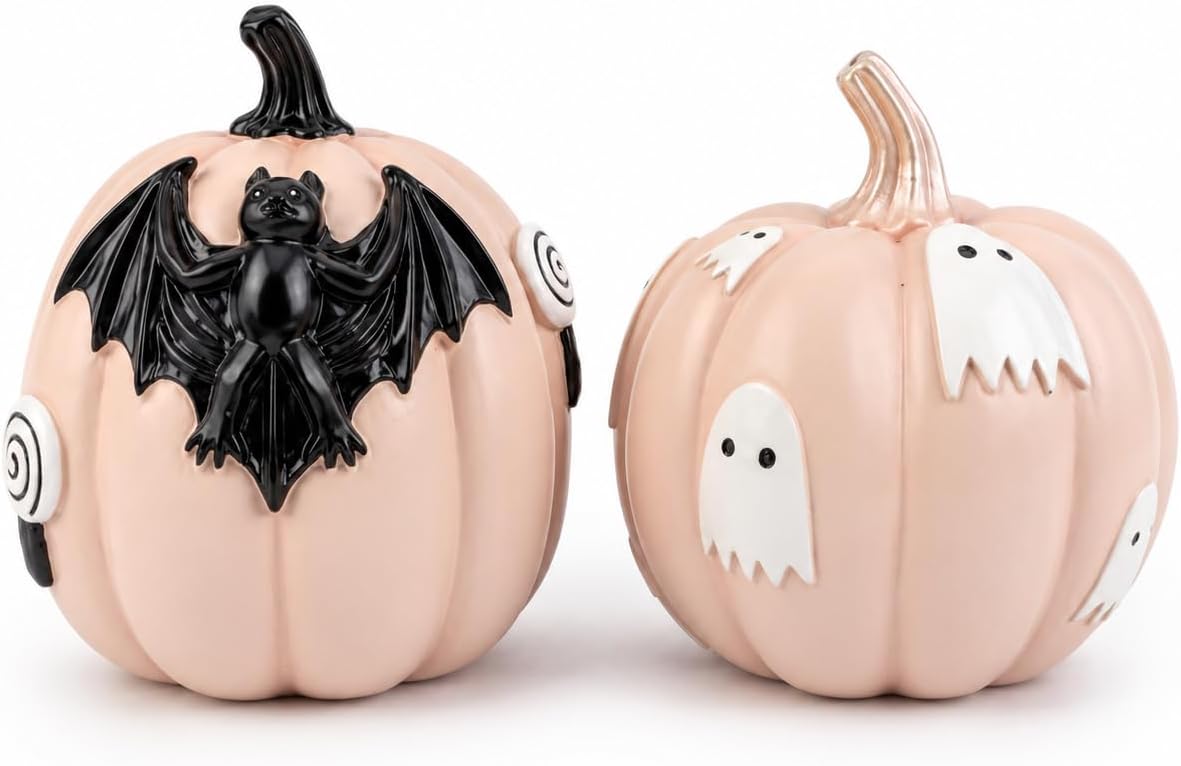 Halloween Decorations Pumpkin Figurines Set of 2, Cute Resin Shelf Mantel Tiered Tray Decor with Bat and Ghost Designs (Pink Pumpkins)