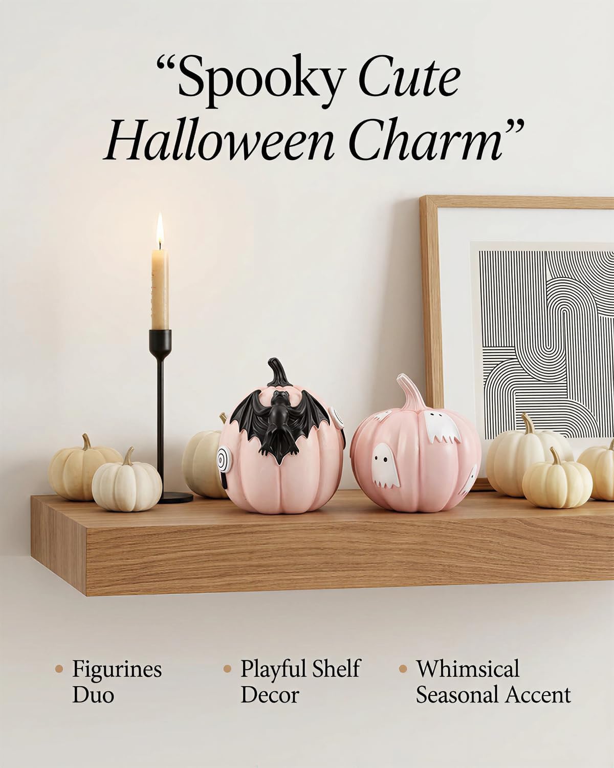 Halloween Decorations Pumpkin Figurines Set of 2, Cute Resin Shelf Mantel Tiered Tray Decor with Bat and Ghost Designs (Pink Pumpkins)