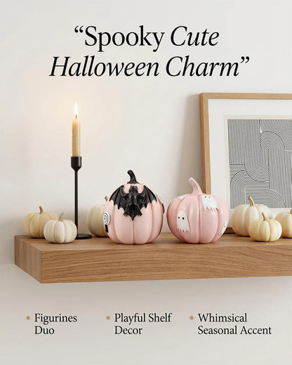 Halloween Decorations Pumpkin Figurines Set of 2, Cute Resin Shelf Mantel Tiered Tray Decor with Bat and Ghost Designs (Pink Pumpkins)