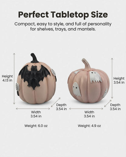 Halloween Decorations Pumpkin Figurines Set of 2, Cute Resin Shelf Mantel Tiered Tray Decor with Bat and Ghost Designs (Pink Pumpkins)