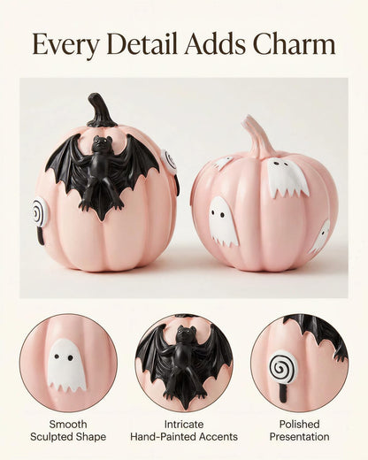 Halloween Decorations Pumpkin Figurines Set of 2, Cute Resin Shelf Mantel Tiered Tray Decor with Bat and Ghost Designs (Pink Pumpkins)