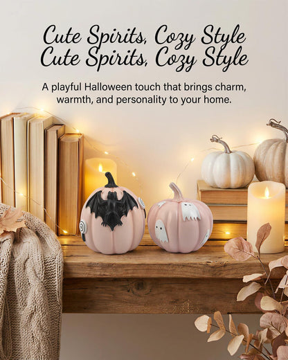 Halloween Decorations Pumpkin Figurines Set of 2, Cute Resin Shelf Mantel Tiered Tray Decor with Bat and Ghost Designs (Pink Pumpkins)