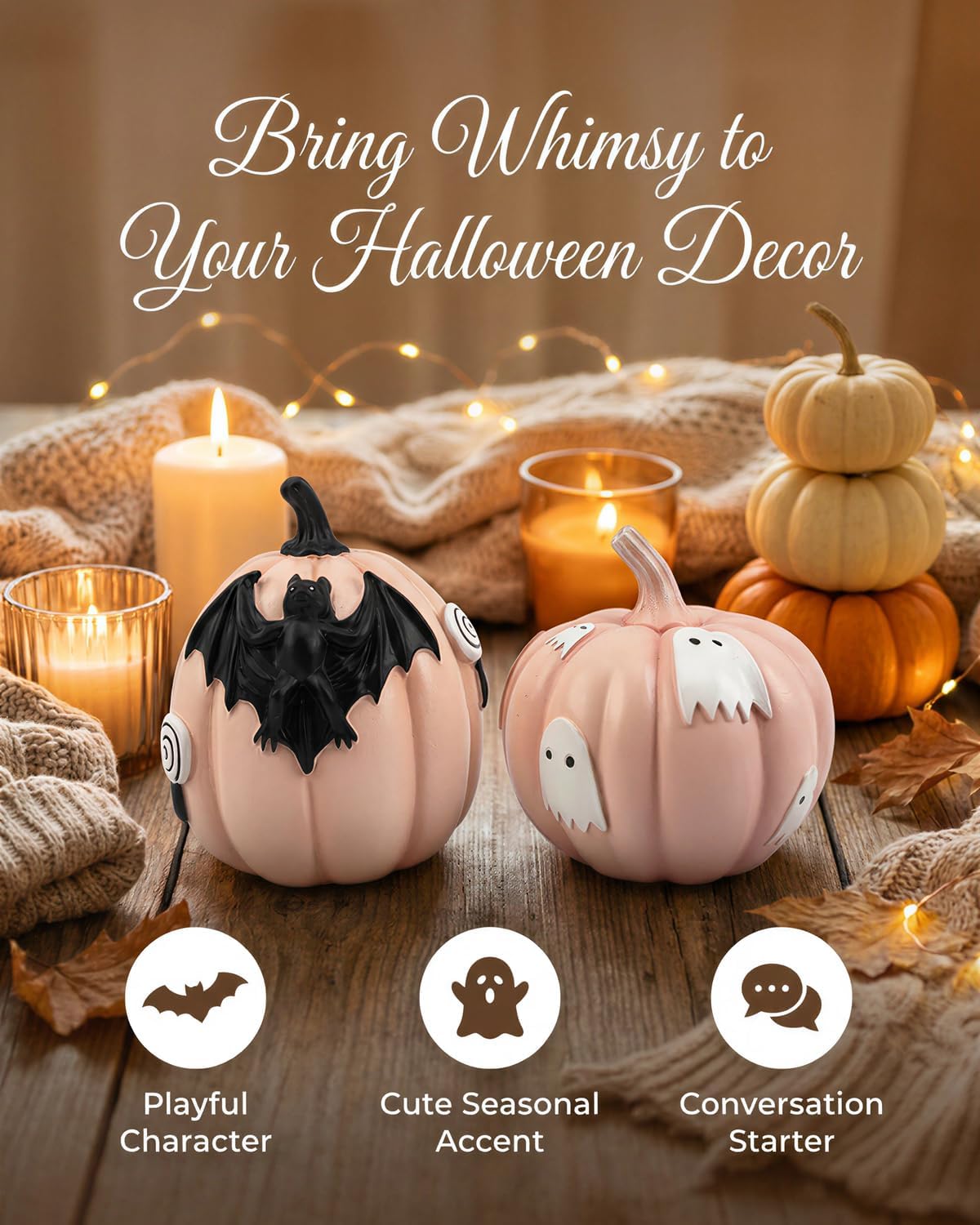 Halloween Decorations Pumpkin Figurines Set of 2, Cute Resin Shelf Mantel Tiered Tray Decor with Bat and Ghost Designs (Pink Pumpkins)