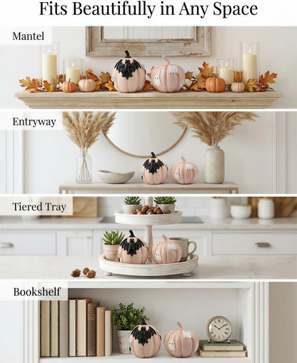 Halloween Decorations Pumpkin Figurines Set of 2, Cute Resin Shelf Mantel Tiered Tray Decor with Bat and Ghost Designs (Pink Pumpkins)