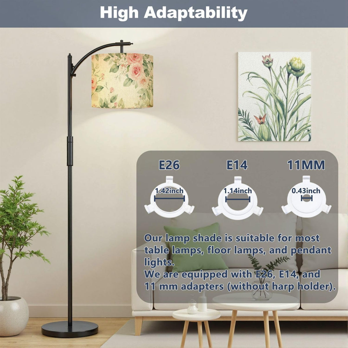 Drum Lamp Shade Seamless watercolor floral pink flowers green leaves branches white Lampshade for Floor Lamps Table Lamps Pendant Light 11"x8.9" Large Lamp Shades Replacement Linen Lampshades