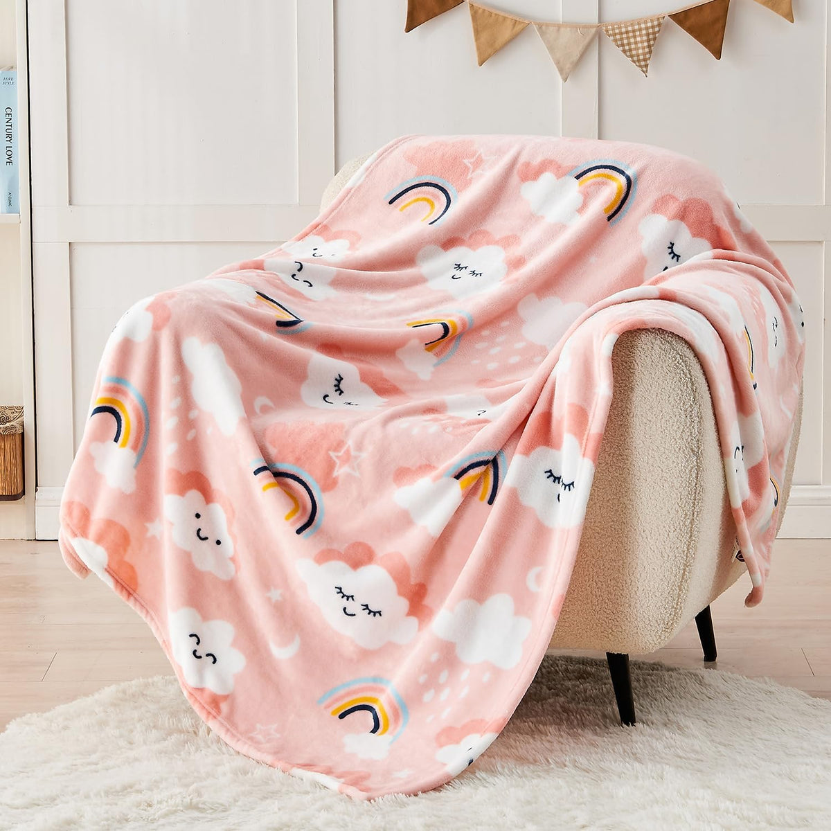 Cute Cloud Print Fleece Throw Blanket for Kids, Pink 50 x 60 Inches