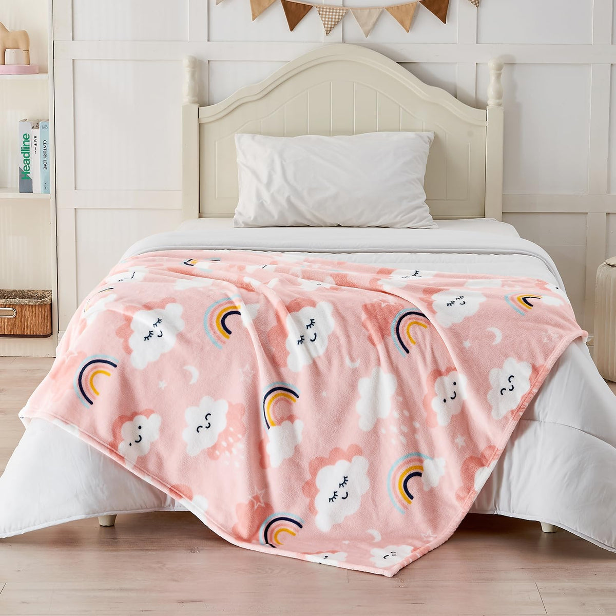 Cute Cloud Print Fleece Throw Blanket for Kids, Pink 50 x 60 Inches