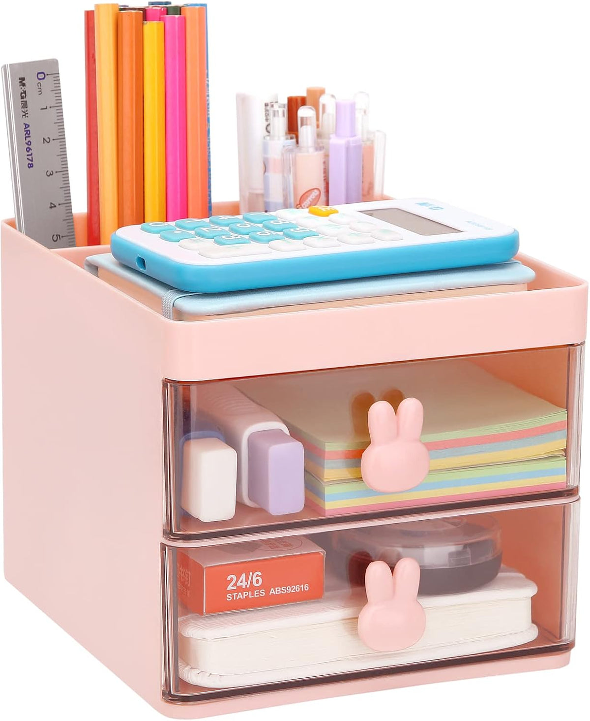 Small Desk Organizer With Drawer, Office Desktop Storage Box, Business Card/Pen/Pencil/Mobile Phone/Stationery Holder Storage Box, Makeup Organizer for Office School Home (Pink)