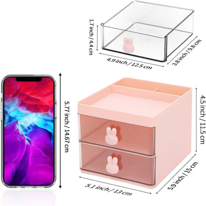 Small Desk Organizer With Drawer, Office Desktop Storage Box, Business Card/Pen/Pencil/Mobile Phone/Stationery Holder Storage Box, Makeup Organizer for Office School Home (Pink)