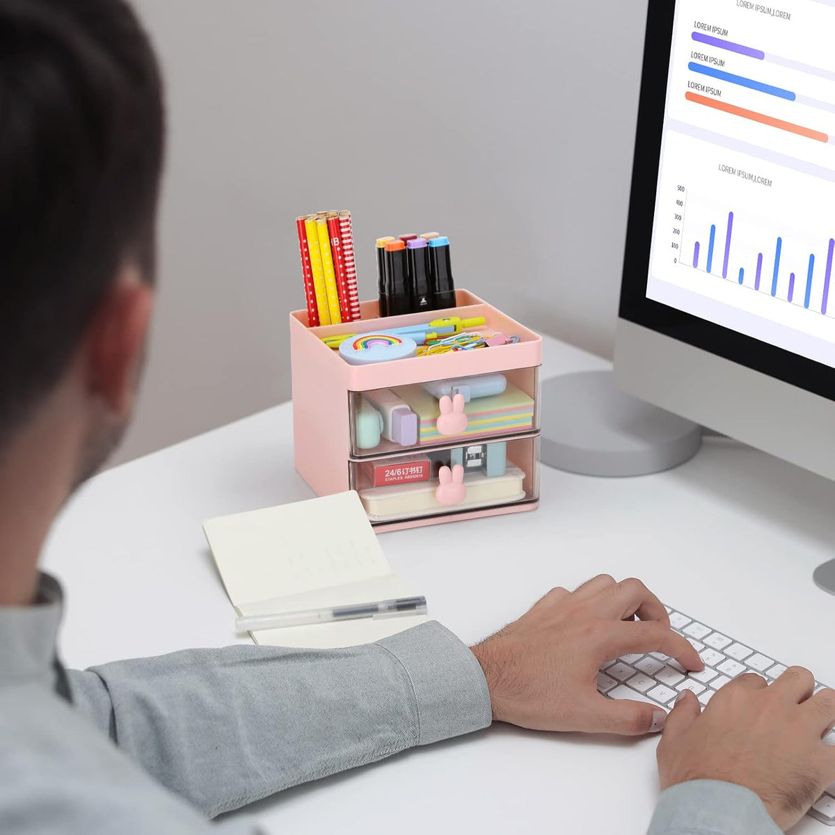 Small Desk Organizer With Drawer, Office Desktop Storage Box, Business Card/Pen/Pencil/Mobile Phone/Stationery Holder Storage Box, Makeup Organizer for Office School Home (Pink)