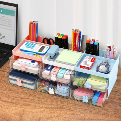 Small Desk Organizer With Drawer, Office Desktop Storage Box, Business Card/Pen/Pencil/Mobile Phone/Stationery Holder Storage Box, Makeup Organizer for Office School Home (Pink)